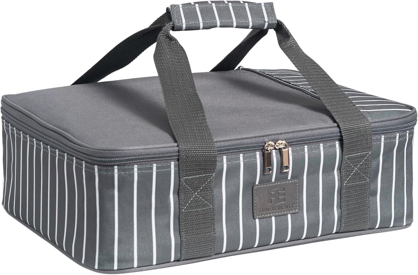 FE FUN ELEMENTS Casserole Carrier, Expandable Insulated Casserole Carriers for Hot or Cold Food, Lasagna Lugger for Parties, Fits 9" x 13" Baking Dish, Grey