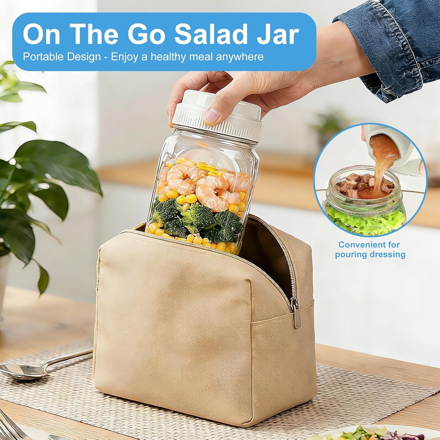 [UPGRADE] 4 Pack Glass Salad Container for Lunch, Salad Jars with Silicone Dressing Cup & Airtight Lid & Fork for Meal Prep, Wet/Dry Separation Divider for Salad Dressing and Dry Ingredients Mason Jar