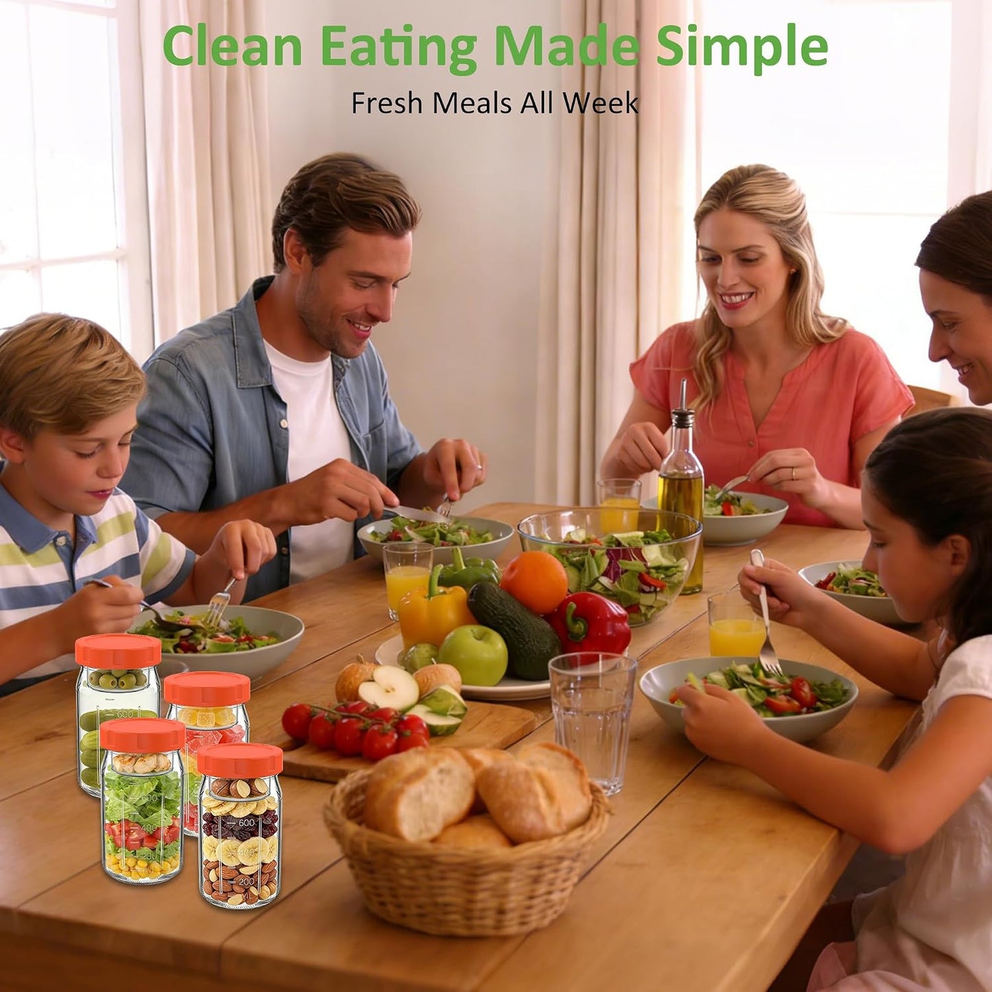 4Pack Glass Salad Jars with Lids, 32oz Salads Mason Jars with Wet/Dry Separation Cup, Meal Prep Salad Containers for Lunch, Leakproof Wide Mouth Food Storage Containers, BPA-Free Reusable (Orange)
