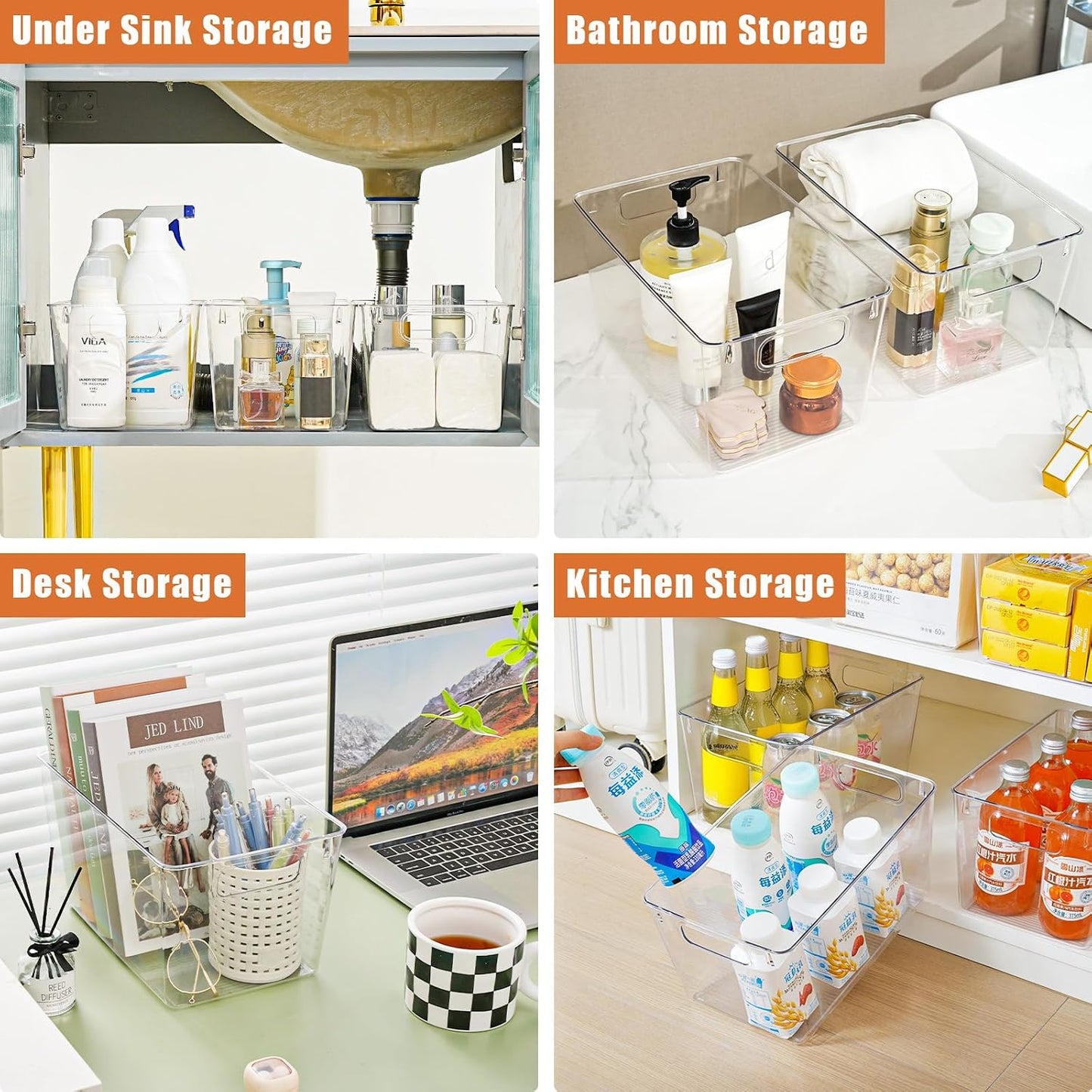 Freebat 12 Pack Middle Organizers and Storage, Pantry Organization and Storage Bins, Cabinet Organizer, Clear Plastic Storage Containers with Handle，Acrylic Storage Bins for Cabinet, Fridge
