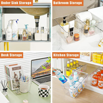 Freebat 12 Pack Middle Organizers and Storage, Pantry Organization and Storage Bins, Cabinet Organizer, Clear Plastic Storage Containers with Handle，Acrylic Storage Bins for Cabinet, Fridge