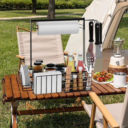 Grill Caddy, BBQ Caddy with Paper Towel Holder for Plate Cutlery, Flatware Caddy Picnic Condiment Caddy with 4 Hooks, Grill Utensil Caddy for Outdoor Barbecue Accessories Organizer