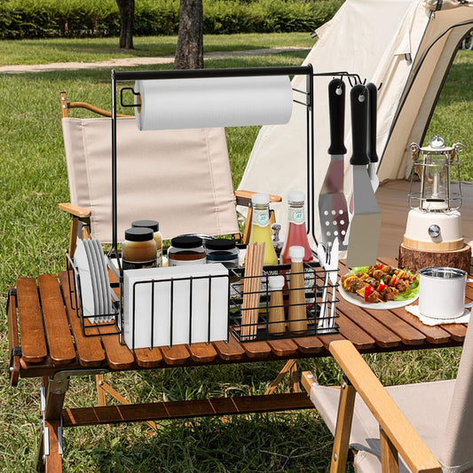 Grill Caddy, BBQ Caddy with Paper Towel Holder for Plate Cutlery, Flatware Caddy Picnic Condiment Caddy with 4 Hooks, Grill Utensil Caddy for Outdoor Barbecue Accessories Organizer