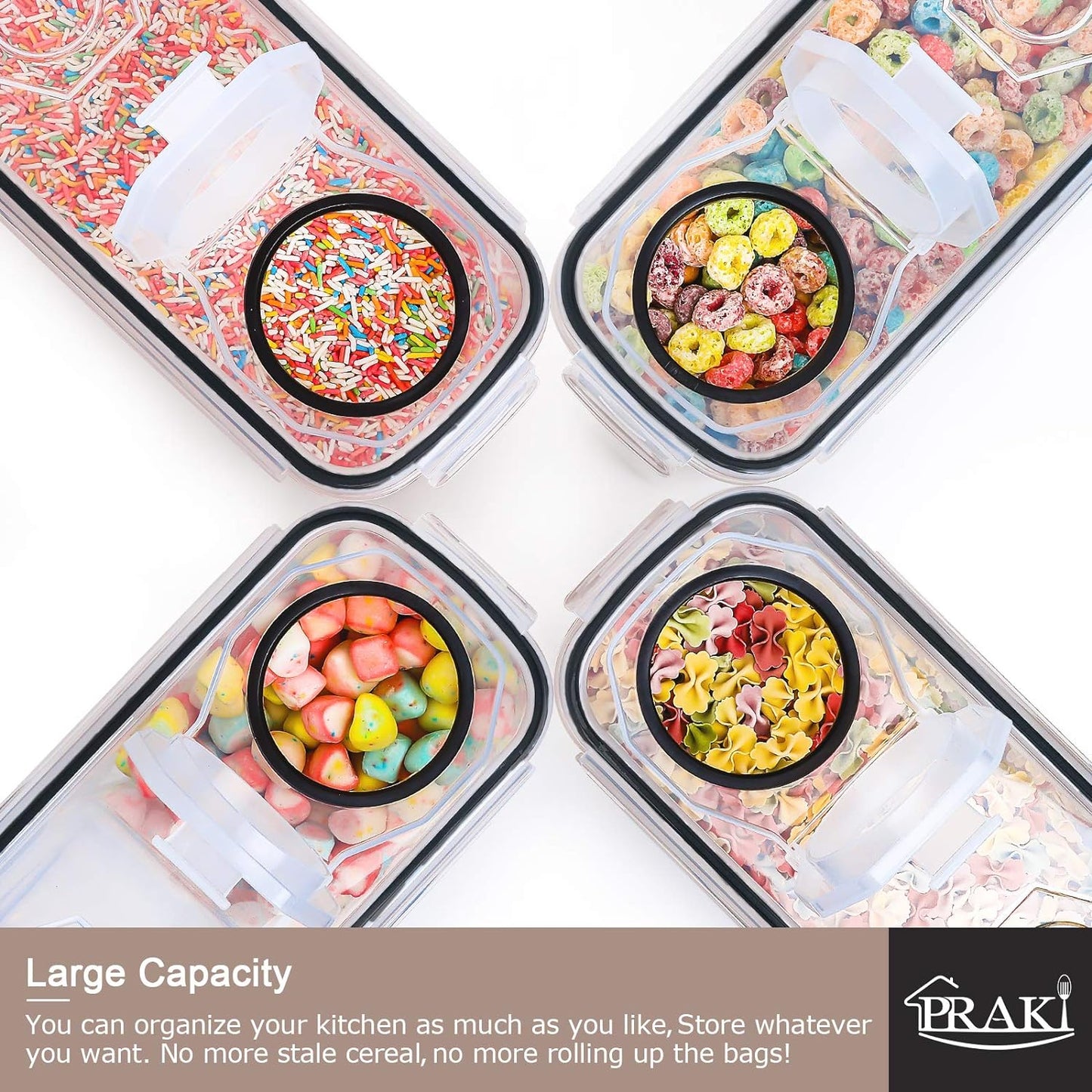 PRAKI Large Dry Food Storage Containers with Lids, 6PCS Airtight Cereal Containers Storage Set, Leak-proof Canister Set for Kitchen Pantry Organization with 20 Labels & Marker (4L Black)