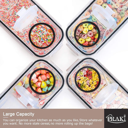 PRAKI Large Dry Food Storage Containers with Lids, 6PCS Airtight Cereal Containers Storage Set, Leak-proof Canister Set for Kitchen Pantry Organization with 20 Labels & Marker (4L Black)