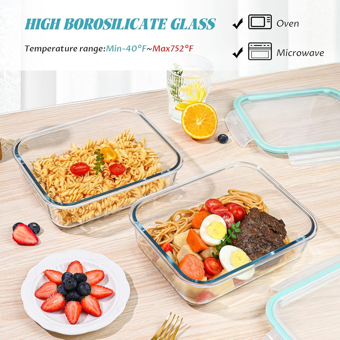 2Pack 9.8 Cups/ 78 Oz Large Glass Food Storage Containers with Lids, Glass Meal Prep Containers with Airtight Lids - BPA Free, Leakproof, Ideal for Food Storing/Serving, Microwave/Oven Safe