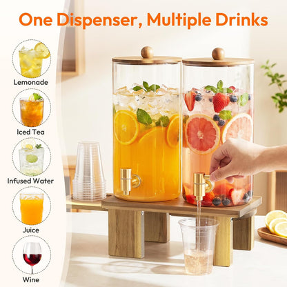 1.5 Gallon Drink Dispenser for Parties (2 Pack) - Glass Beverage Dispenser with Wood Stand, Stainless Steel Spigot & Coasters, Large Beverage Container for Hosting, BBQ, Lemonade, Juice & Iced Tea