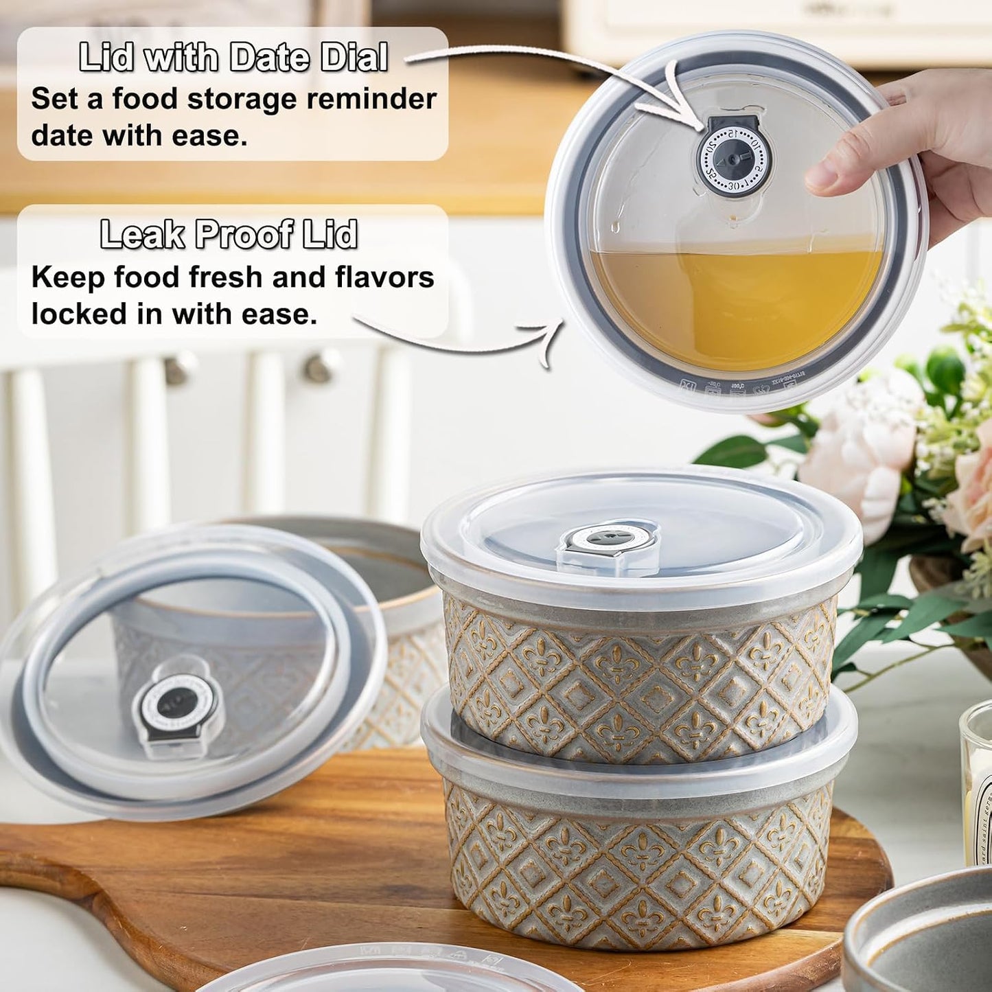Airtight Food Storage Containers with Lids Mixing Bowls Set, Ceramic Serving Bowls with Lids Set of 4, 12/16/28/40 oz Stackable Nesting Salad Bowls for Cooking, Baking, Ramen - Beige