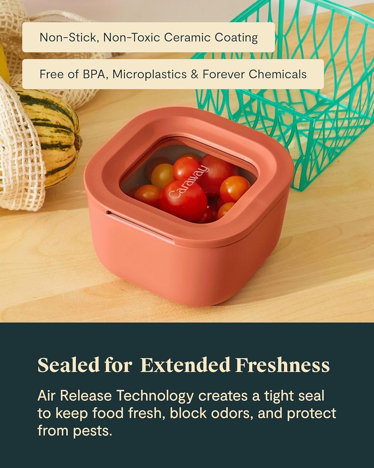 Caraway Glass Food Storage - 4.4 Cup Glass Container - Ceramic Coated - Easy to Store, Non Toxic, Non Stick Lunch Box Container with Lids - Dishwasher, Oven, & Microwave Safe - Mist