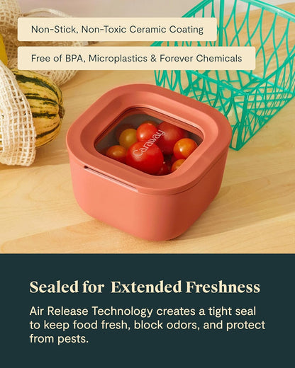 Caraway Glass Food Storage - 4.4 Cup Glass Container - Ceramic Coated - Easy to Store, Non Toxic, Non Stick Lunch Box Container with Lids - Dishwasher, Oven, & Microwave Safe - Mist