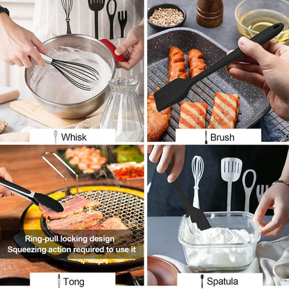 LIANYU 12-Piece Silicone Kitchen Cooking Utensils Set with Holder, Kitchen Tools Include Slotted Spatula Spoon Turner Ladle Tong Whisk, Dishwasher Safe, Dark Blue