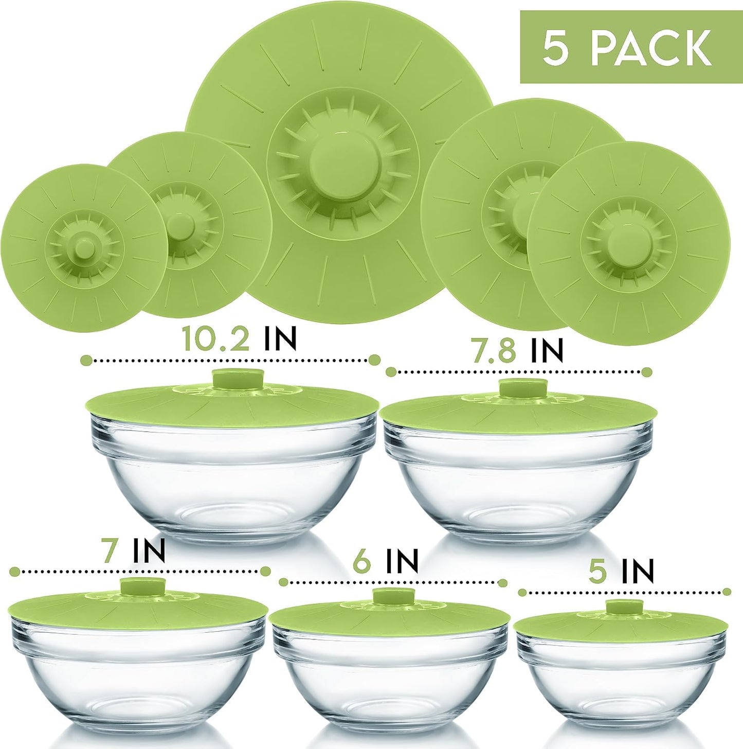 Silicone Bowl Lids Blue Set of 5 Reusable Suction Seal Covers for Bowls, Pots, Cups. Food Safe. Natural grip, interlocking handles for easy use and storage.