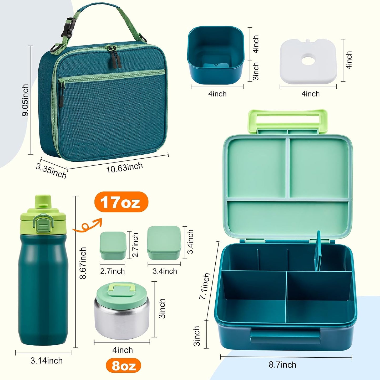 MAISON HUIS Bento Box for Kids with 8oz Soup Thermo, Leak-proof Lunch Food Containers with 5 Compartment, Insulated Lunch Bag & 17oz Stainless Steel Water Bottle for School, Trvael