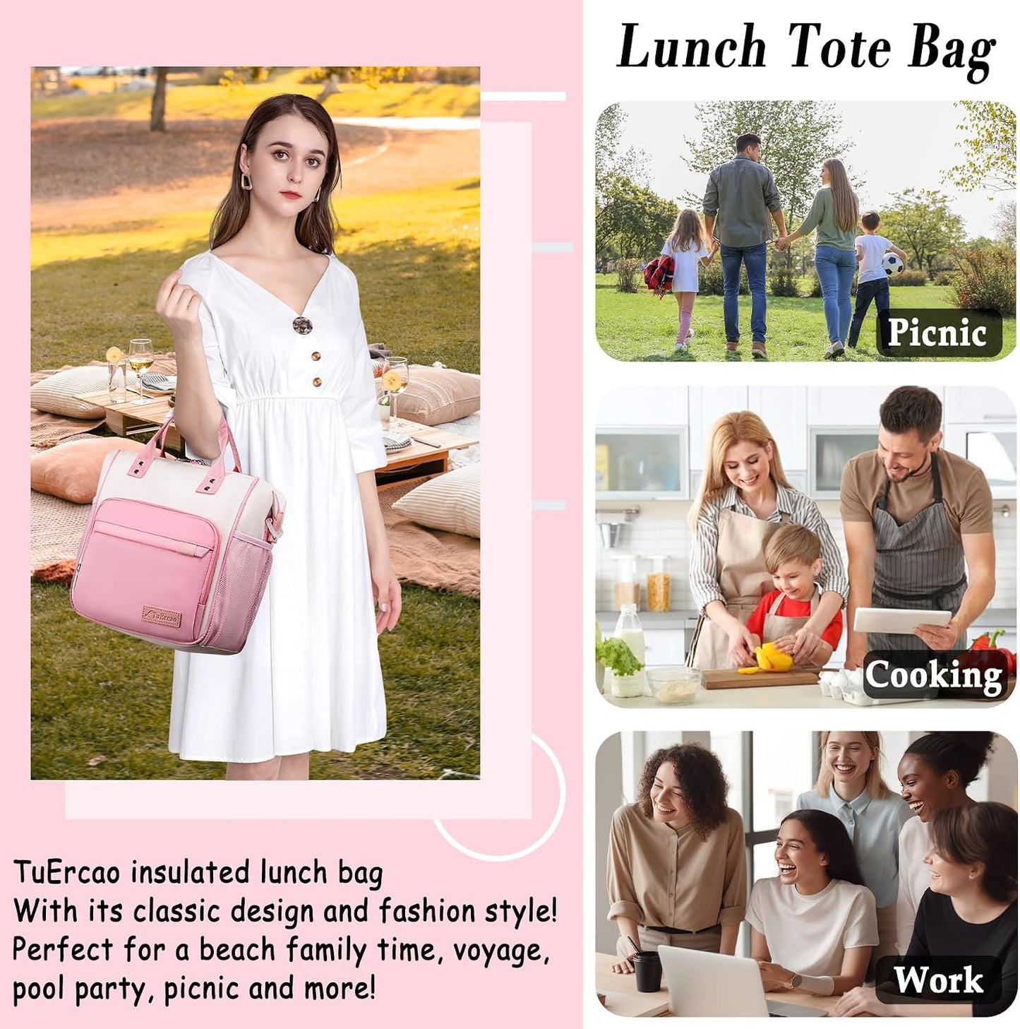 TuErCao Small Lunch Bag Lightweight Insulated Lunch Box for Women Work Portable Soft Cooler for Picnic Travel Road Trips, Loncheras para Mujer, Black
