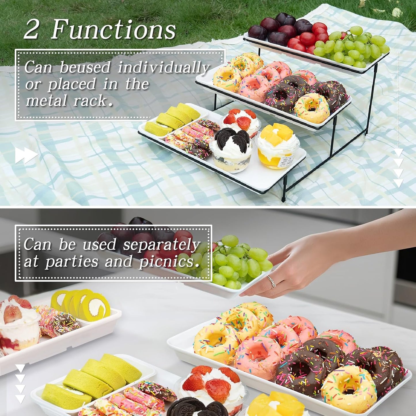 3 Tier Serving Tray for Party 14" White Reusable Dessert Table Display Set Black Metal Cupcake Stand Cookie Serving Platter for Serving Food Party Collapsible Sturdier Fruit Tiered Tray Stand Sturdier
