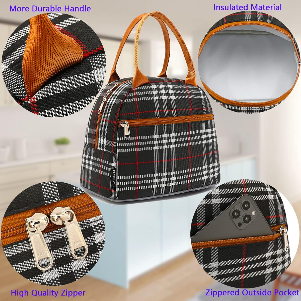FlowFly Insulated Lunch Cooler Bag - Tote Bag Organizer for Women/Men, Black - Colors B