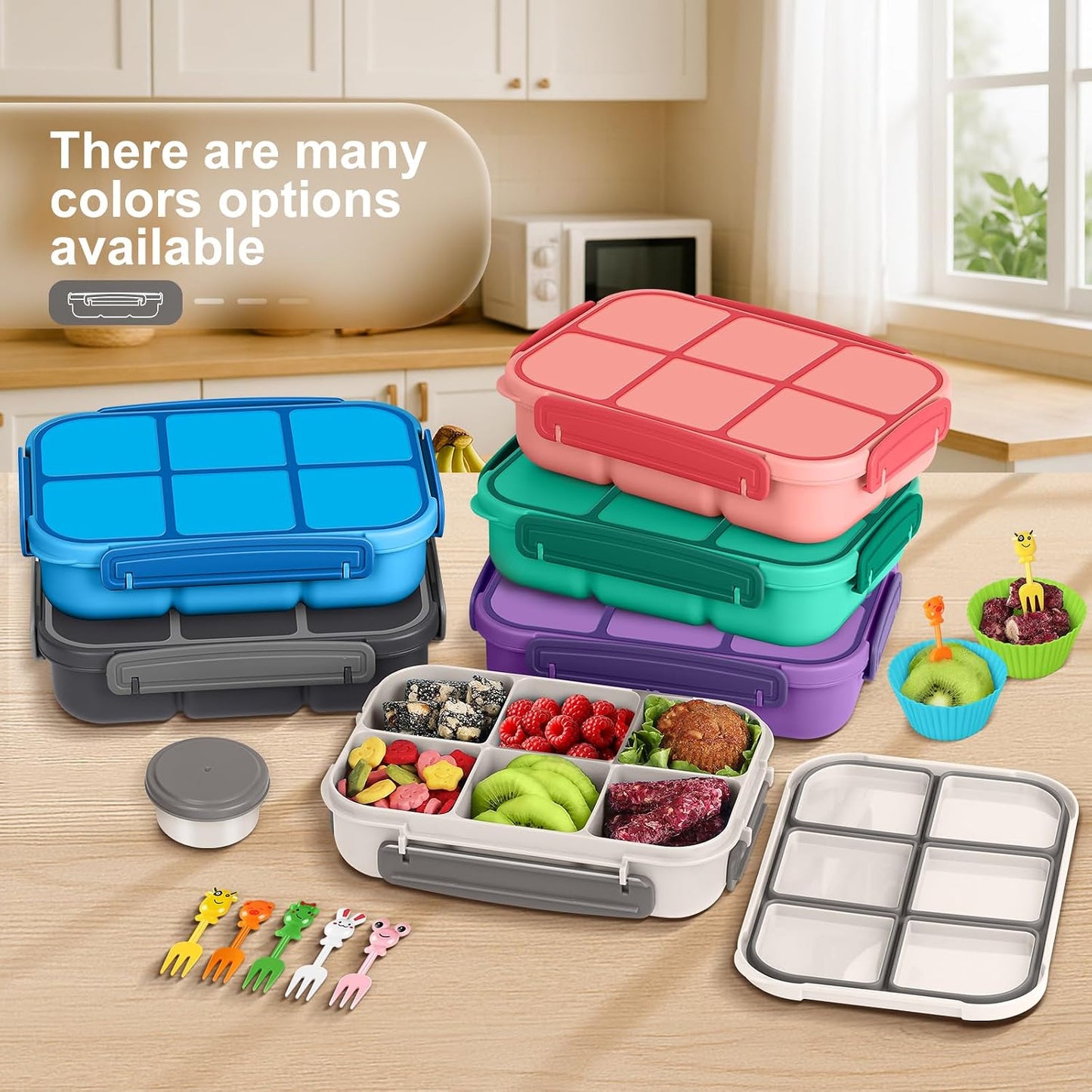 Amathley Lunch Box Kids Girls Boys,Bento Box Adult,Toddler Lunch Containers for School,Leakproof Snack Containers with 6 Compartments,Sauce Container,10 Food Picks and 4 Muffin Cups (Green)