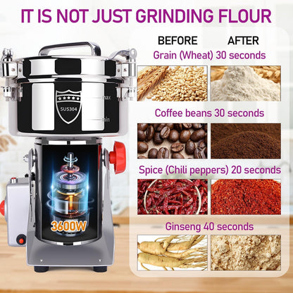 150g Grain Mill, 304 Stainless Steel Spice Grinder, 1500W High-speed Commercial Flour Mill, Superfine Flour Mill Grinder for Home, Grain Mill for Flour