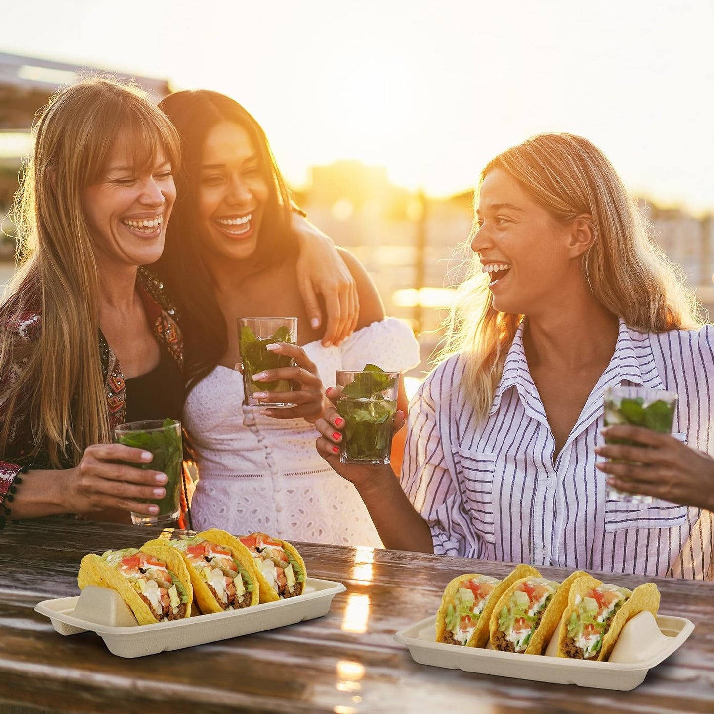 100 Pack Heavy Duty Disposable Fiesta Taco Holders, Taco Plates with 3 Dividers Serving for Party, Taco Stand for Taco Tuesday, Perfect for Taco Bar Supplies