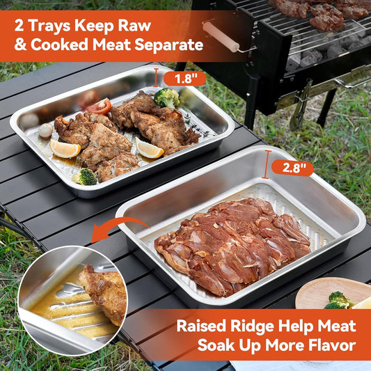 5-in-1 Grill Prep Tray and Carry System, Outdoor Grilling Prep & Serve BBQ Food Tray Accessories, Stainless Steel Meat Marinating Container with Lid & Cutting Board, Metal Cooked Meat Platter