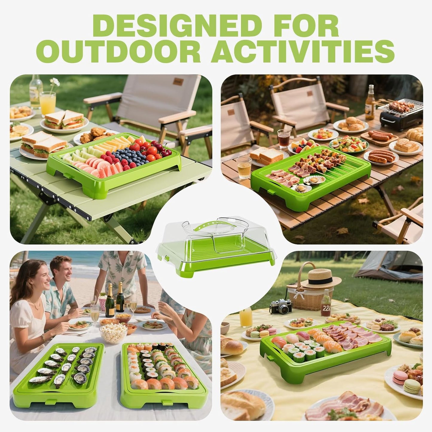 Chilled Portable Serving Tray Platterbox with Reusable Ice Pack with Lid Shrimp Cocktail Serving Dish Platter Cold Food Buffet Server for Appetizer Veggie Fruit Food Parties Outdoor Picnic, Green