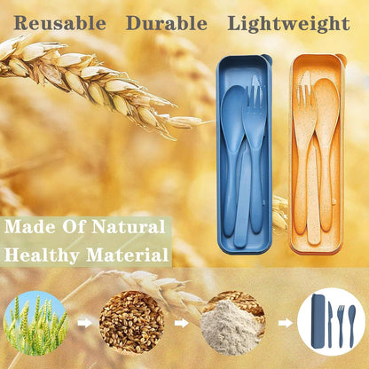 Reusable Travel Utensils Set with Case, 2 Sets Wheat Straw Portable Plastic Fork Spoons Knife Cutlery, Camping Eco-Friendly BPA Free Tableware for Kids Adults Work Picnic or Daily Use (Pink)