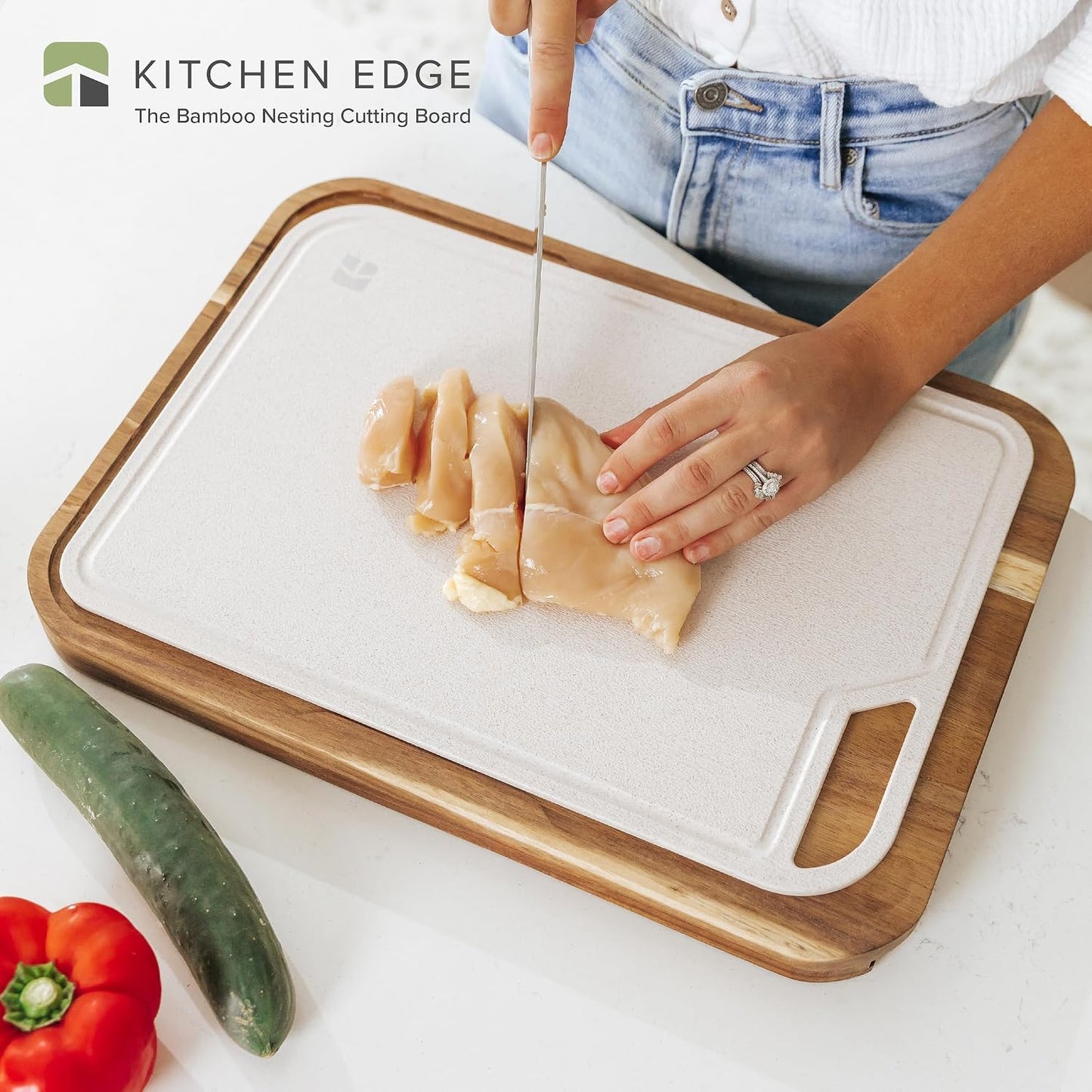 KitchenEdge Premium Acacia Cutting Board with Nesting Rice Fiber Chopping Board for Cooking Prep, 2 Piece Kitchen Set, Non-Slip Feet with Juice Groove, Heavy Duty, Pre Oiled, 17” x 12.5”