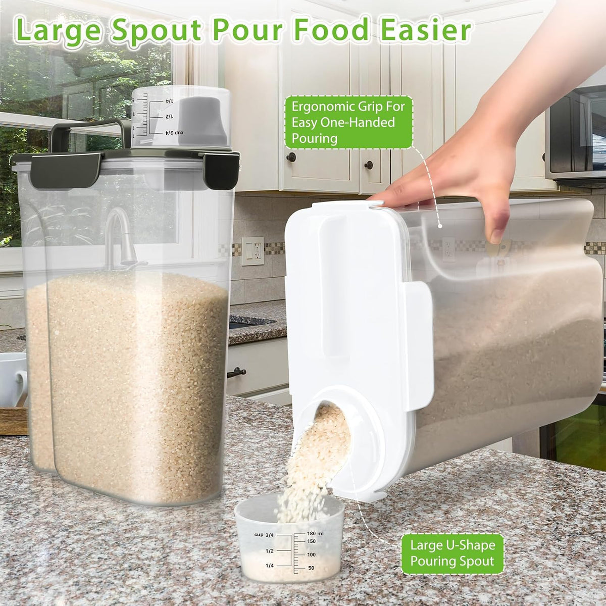 Viretec Rice Storage Container, 15 to 20lb Dry Food Airtight Dispenser, Pet Dog Cat Food Canister, BPA Free Clear Plastic Kitchen and Pantry Bin for Oatmeal, Cereal, Pasta, Flour Pack of 2 Grey