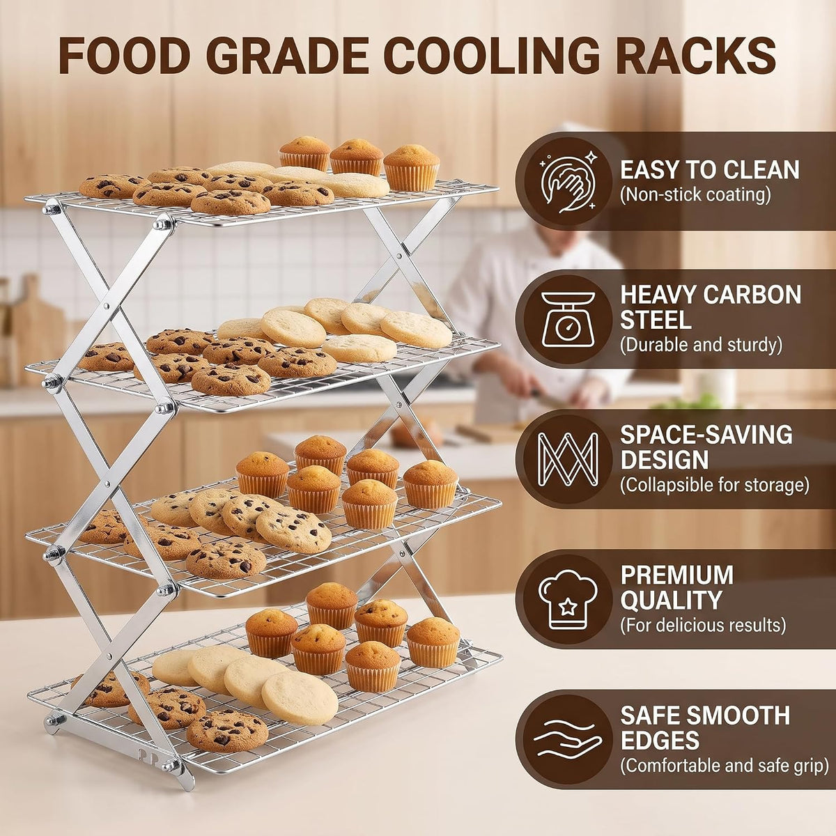 LIANYU 4-Tier Cooling Rack for Baking & Cooking, Collapsible & Space-Saving