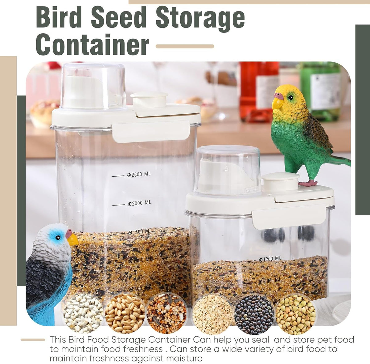 Maxdot 2 Pcs Bird Food Storage Container, Bird Seed Container with Lids Airtight Cup Pet Parrot Food Storage 1.7 Qt & 3 Qt Measuring Containers Easy Pour Spouts for Macaws African Cockatoos(Green)