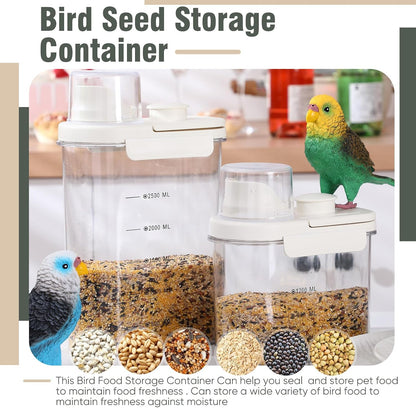 Maxdot 2 Pcs Bird Food Storage Container, Bird Seed Container with Lids Airtight Cup Pet Parrot Food Storage 1.7 Qt & 3 Qt Measuring Containers Easy Pour Spouts for Macaws African Cockatoos(Green)