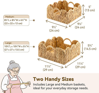 GRANNY SAYS Wicker Storage Baskets for Shelves, Water Hyacinth Basket with Scalloped Edge, Storage Wicker Baskets for Pantry, Large, 2-Pack