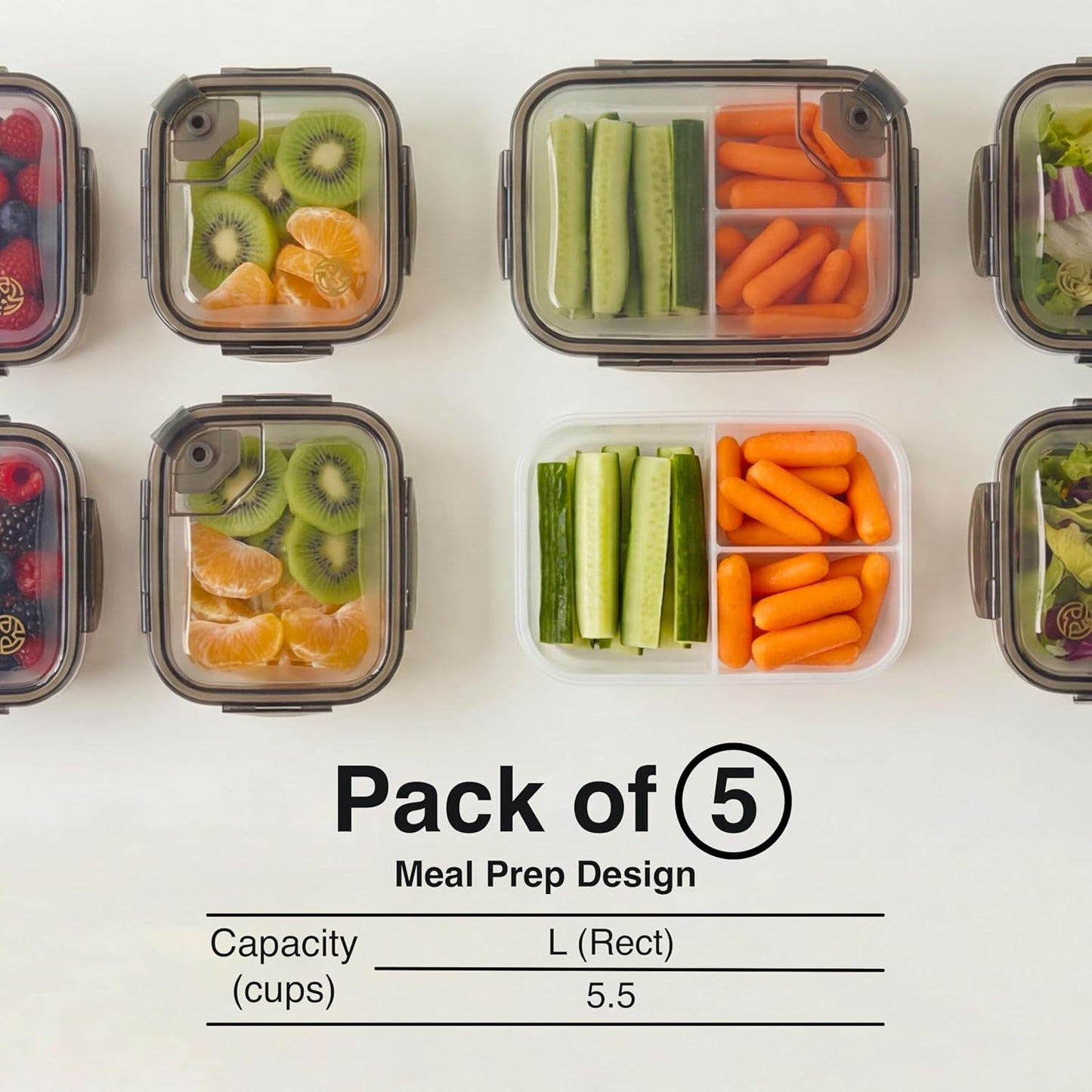Compartmentalized Plastic Airtight Food Storage Containers with Vented Lids, 3-Compartment Design, BPA-Free, 5-Pack (5.5 Cups Each) for Meal Prep and Portion Control