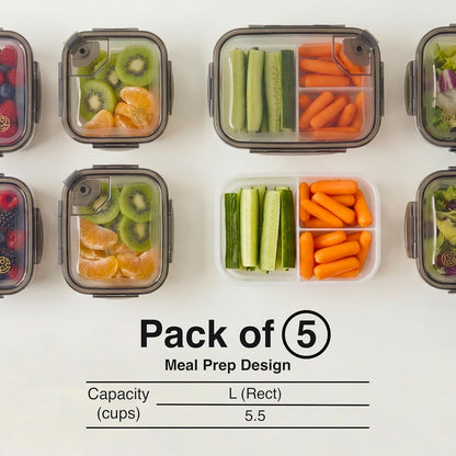 Compartmentalized Plastic Airtight Food Storage Containers with Vented Lids, 3-Compartment Design, BPA-Free, 5-Pack (5.5 Cups Each) for Meal Prep and Portion Control