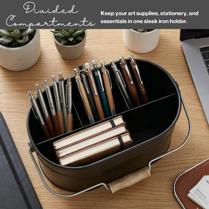 Alpha Living Home Galvanized Metal Utensil Caddy - Rustic Farmhouse Organizer Metal Garden Caddy with 4 Compartments and Wooden Handle for Kitchen, Buffet & Outdoor Events (Silver)