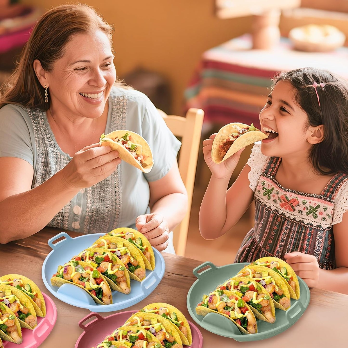 Silicone Taco Holders Plates - 3PCS Reusable Tacos Serving Tray Set with 4 Dividers, Dishwasher & Microwave Safe Shell Mold Tortilla Stand for Home Kitchen Fiesta Party Supplies (Green, Blue)