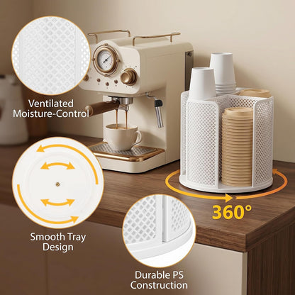 Eorbow 2 Pack Paper Cup & Lid Holder, Rotating Coffee Cups Dispenser with 4 Compartments, Plastic Disposable Cup Storage Organizer for Countertop Bathroom Coffee Station Bar Kitchen Office (White)