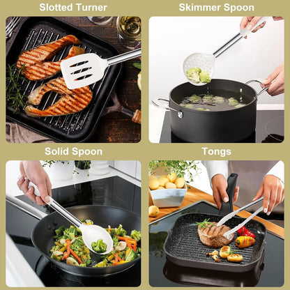 E-far Silicone Cooking Utensils Set, 7 Pcs Heat Resistant Kitchen Utensils with Stainless Steel Handle, Slotted Turner, Spoon, Soup Ladle, Pasta Server, Skimmer, Tongs for Nonstick Cookware, Black
