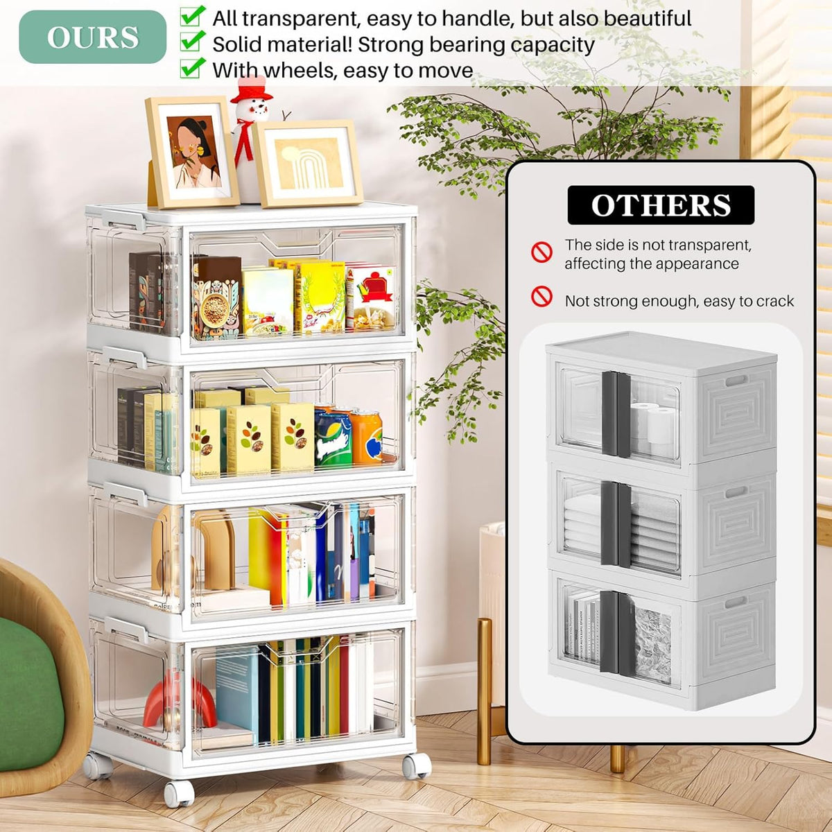 Kmiectse Clear Storage Bin with Lid 3 Pack 【Stackable & Sturdy】 Plastic Multifunctional Folding Storage Bins for Bedroom, Living Room, Study,Room, 23 QT Folding Box with Magnetic Door