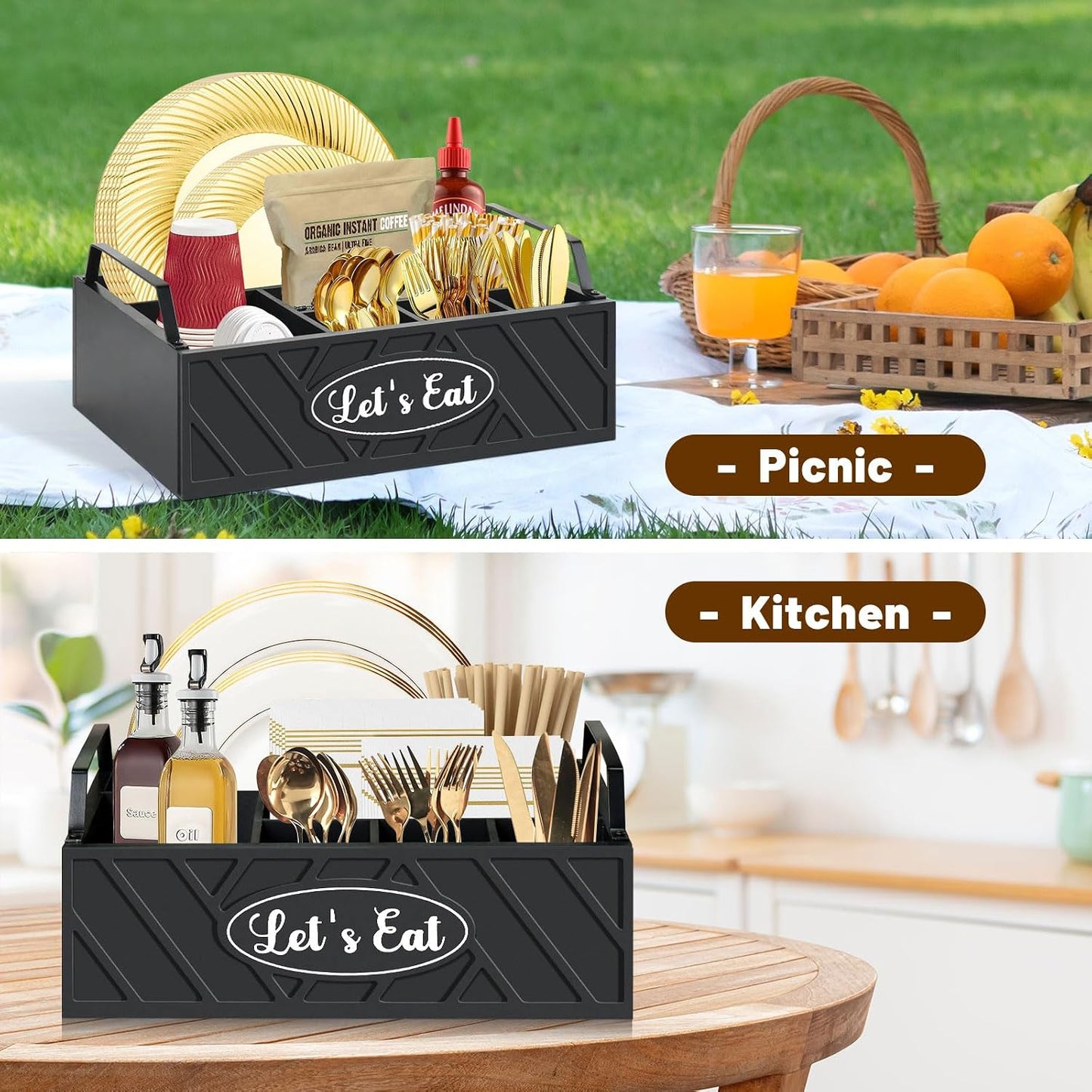 Paper Plate Dispenser, Wood Paper Plate Holder with Handle for Kitchen Counter, Silverware Caddy for Cups, Spoons, Forks, Plates, Napkins, Utensil Holder for Party Camping Buffet (Black)