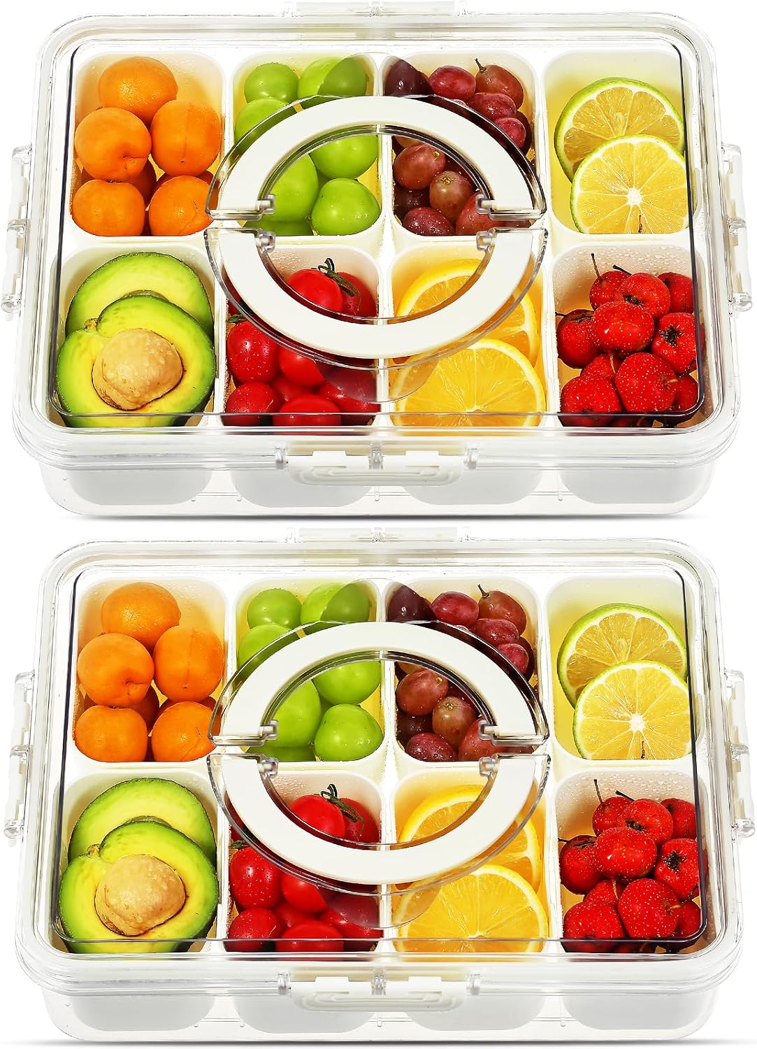 Snackle Box Container with Lid and Handle,8 Compartment Divided Serving Tray-Portable Clear Organizer for Nuts, Fruits, Candy & Veggies-Perfect for Road Trip, Party, Picnic, Camping- 2Pack
