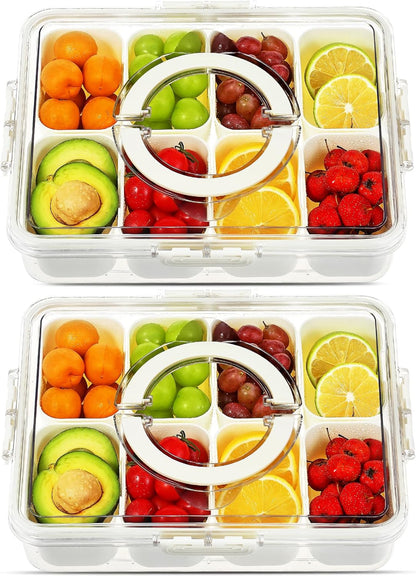 Snackle Box Container with Lid and Handle,8 Compartment Divided Serving Tray-Portable Clear Organizer for Nuts, Fruits, Candy & Veggies-Perfect for Road Trip, Party, Picnic, Camping- 2Pack