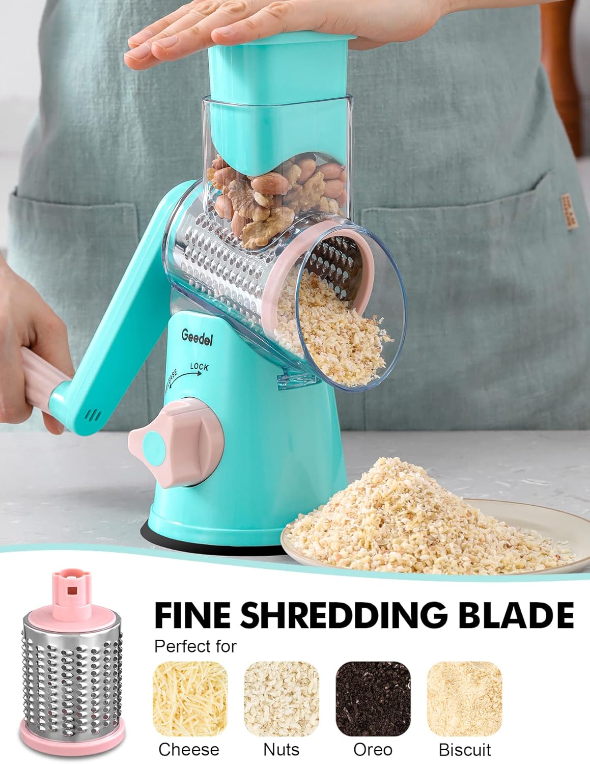 Geedel Rotary Cheese Grater, Kitchen Mandoline Vegetable Slicer with 3 Interchangeable Blades, Easy to Clean Rotary Grater Slicer for Cheese, Vegetables, Nuts