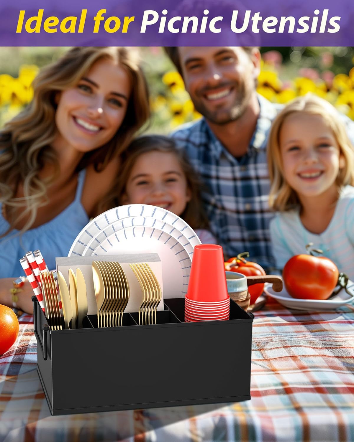 NelyBet Paper Plate Dispenser Holders Utensil Caddy for Countertop,Outdoor Silverware Caddy, Picnic and Camping Utensil Holder, Flatware Organize with Handle for Party Gatherings, Metal (Black)