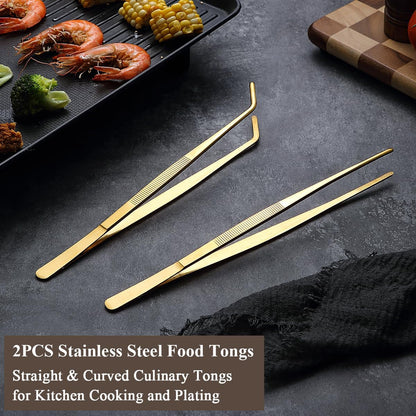 Berglander Kitchen Tweezers Tongs 2pcs, 12" Extra-Long Titanium Gold Plating Stainless Steel Metal Heavy Duty Cooking Tweezers for Chef, Serving Food, Grill, Culinary, Pasta, Salad, BBQ