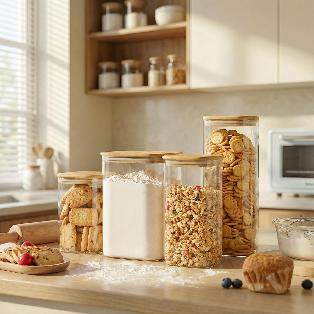 168oz 2 Pack Large Glass Storage Containers with Lids for Pantry Storage | Square Borosilicate Glass Jar with Airtight Lid Keep Flour, Sugar & Rice Fresh, Fit 10lb Bag, BPA-Free for Pantry Organizer