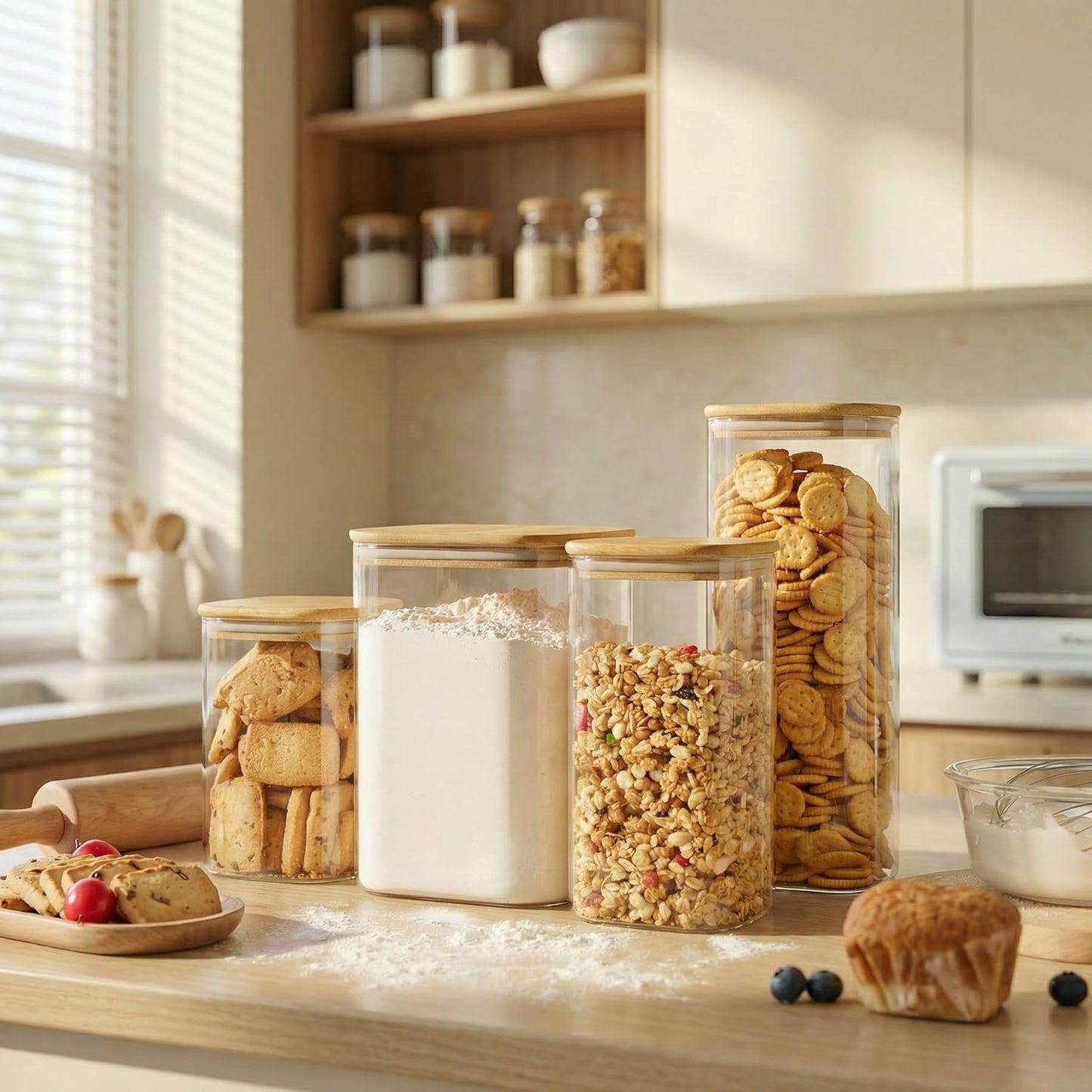 Extra Large Square Glass Flour & Sugar Storage Containers with Airtight Lids, 168oz 2 Pack Glass Jars with Bamboo Lids, Air tight Pantry Food Storage Containers for Cereal, Pasta, Rice Organizers