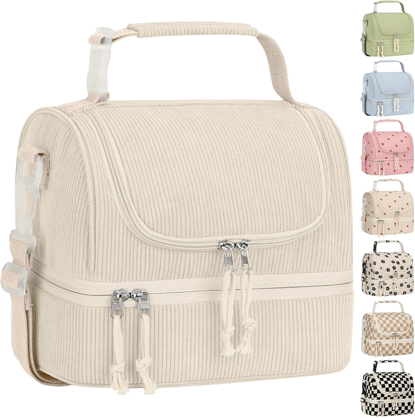 Vankor Corduroy Lunch Box Kids Insulated Lunch Bag Double Decker, Cute Leak-Proof Lunch Box for Boys Girls, Portable Cooler Lunch Bag Thermal Lunch Tote for School Picnic Travel, Light Blue
