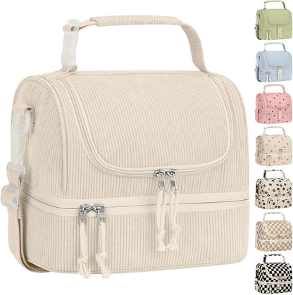 Vankor Corduroy Lunch Box Kids Insulated Lunch Bag Double Decker, Cute Leak-Proof Lunch Box for Boys Girls, Portable Cooler Lunch Bag Thermal Lunch Tote for School Picnic Travel, Light Blue