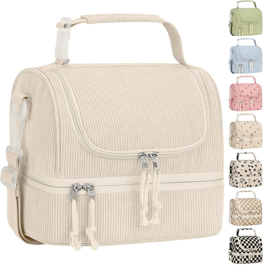Vankor Corduroy Lunch Box Kids Insulated Lunch Bag Double Decker, Cute Leak-Proof Lunch Box for Boys Girls, Portable Cooler Lunch Bag Thermal Lunch Tote for School Picnic Travel, Light Blue